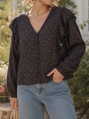 NWT Atelier Reve Black Pink Floral Ruffle Boho Blouse Long Sleeve Romantic Top